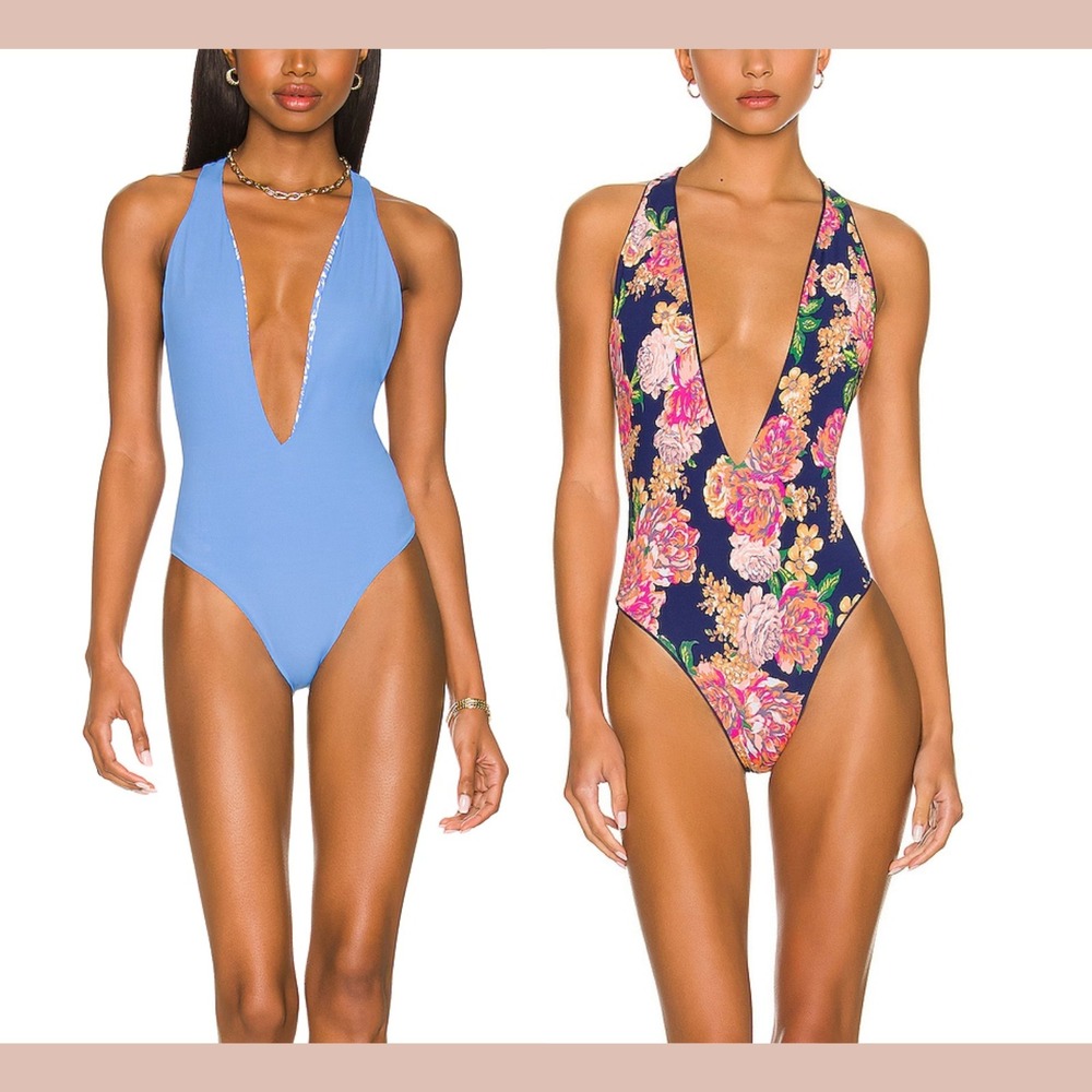 NEW $154 Maaji [ Large ] Tiky Reversible Cheeky Cut Plunge One‎ Piece Blue U1859